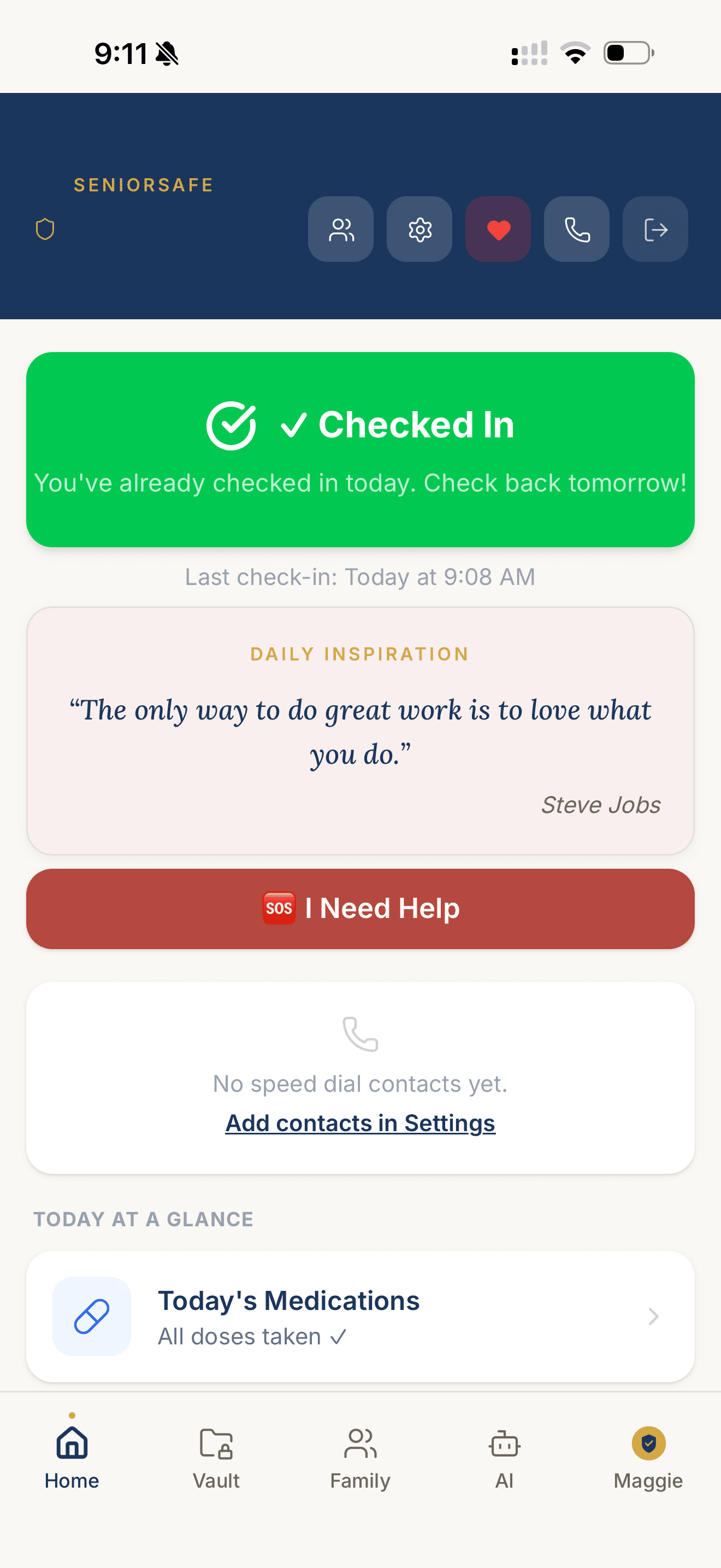 The Hammock365 app home screen on iPhone: the one-tap daily check-in, today's medications, the family, and the I Need Help button